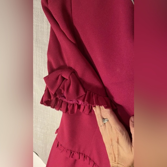 Vintage Albert Nipon Magenta Ruffle Bow Button Lined Dress Size 4 Shoulder Pads - Picture 2 of 16